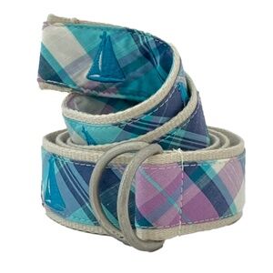 Vintage LL Bean Nautical Belt Embroidered Sailboat Plaid Preppy Womens Medium